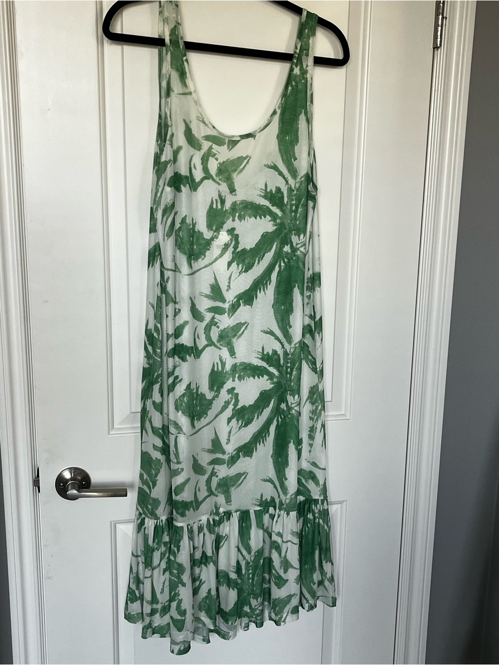 Anthropologie White Maxi Dress with Green Leaf Print